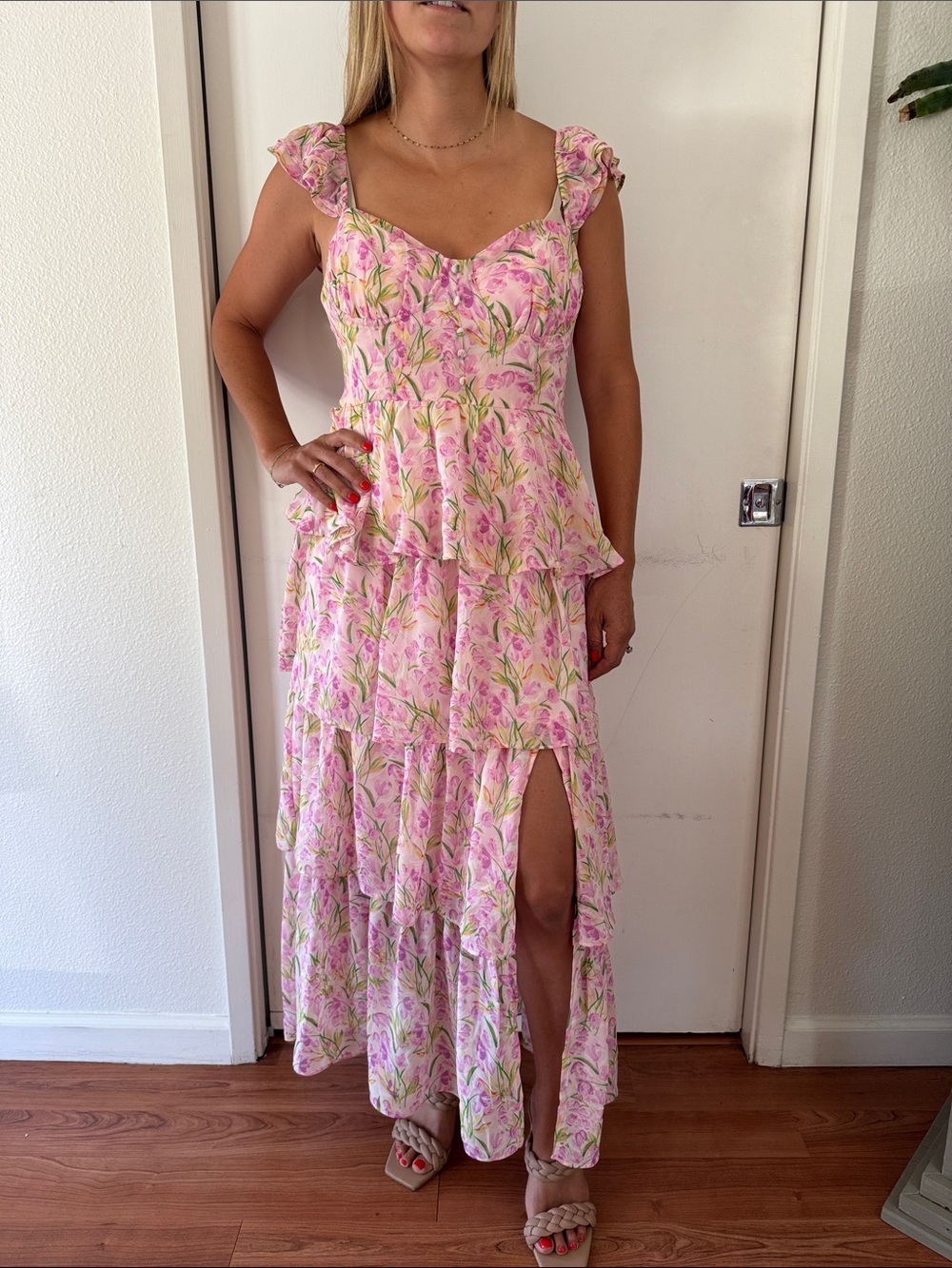 Astr Pink Floral Tiered Maxi with Ruffle Straps and Front Slit